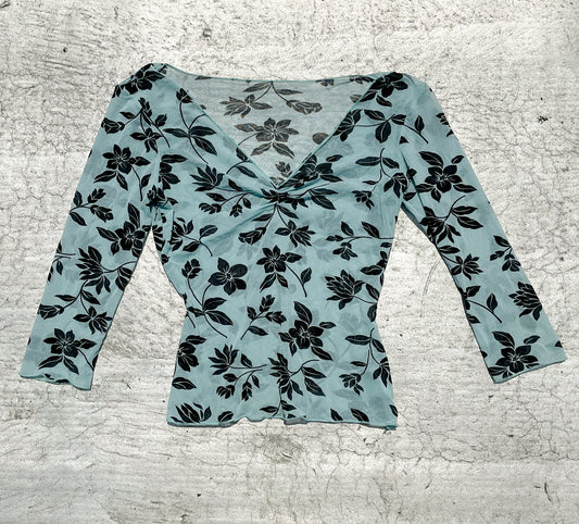 Teal and Black Floral Mesh Top