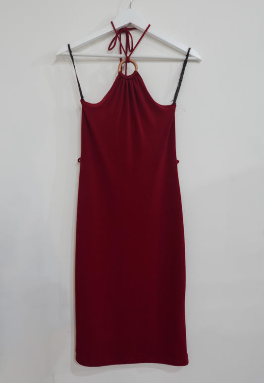 red o-ring halter mini dress