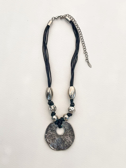 Black and Silver, Round Pendant Necklace W/Beads