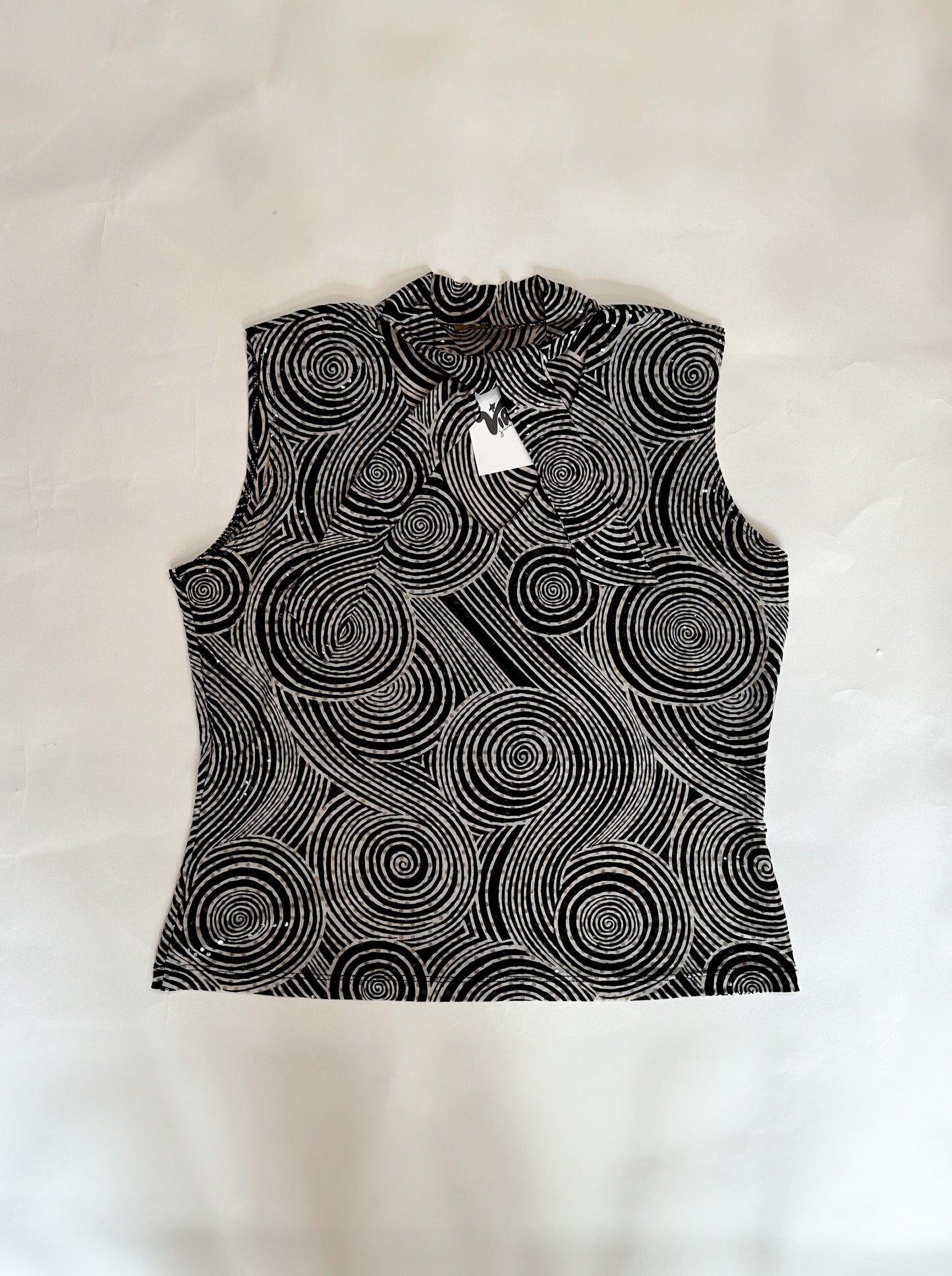 coin black & white swirl tank w/ neck tie detail