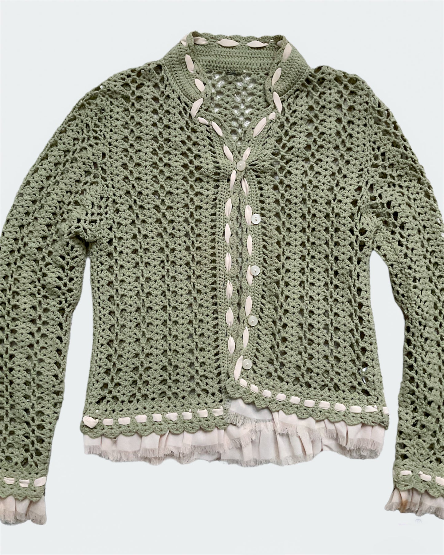Vintage Sage Green and Pink Lace Crochet Cardigan